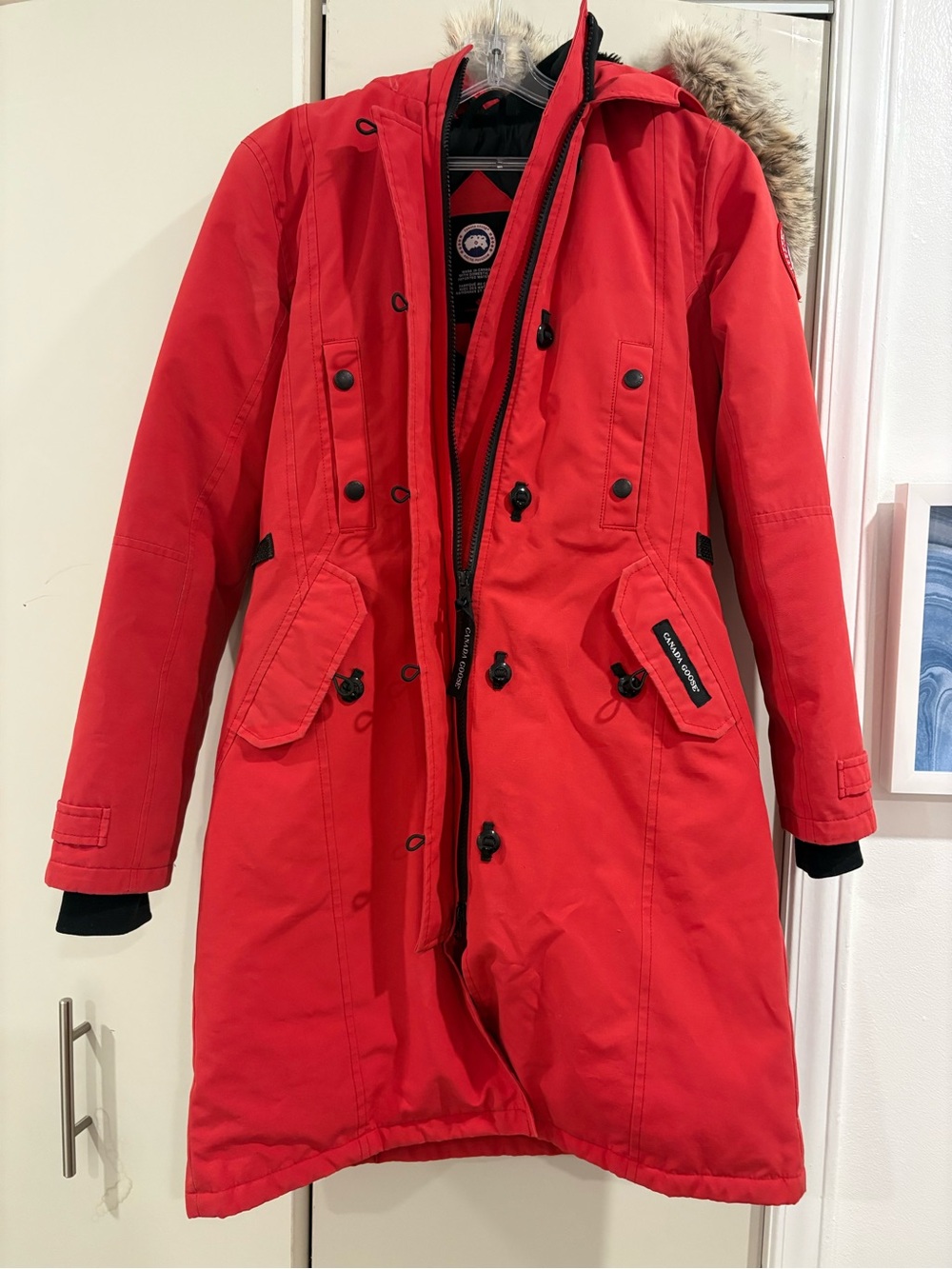 Canada Goose Red Women's Long Parka with Fur-Trim Hood